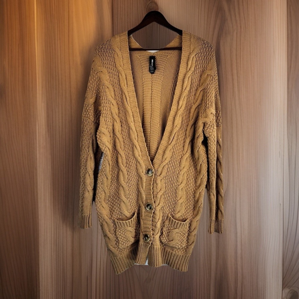 Agnes & Dora Cardigan S 100% Cotton Brown Long V-Neck Cable Knit Pockets Tunic